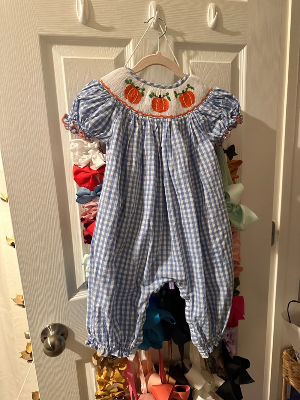 Blue Gingham Pumpkin Smocked 2T Romper